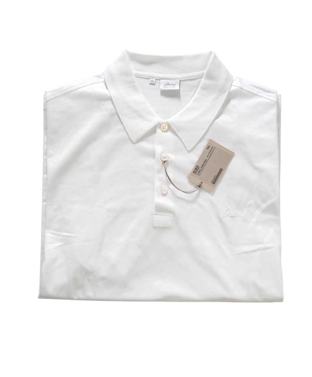 $645 BRIONI - Solid White Cotton Polo Shirt - XXL